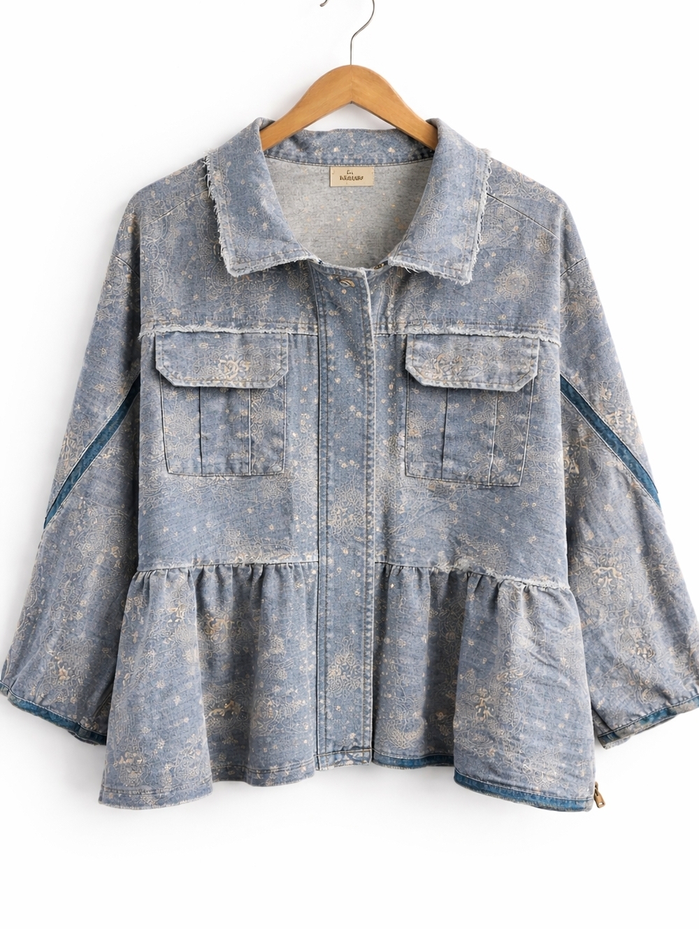 POL Paisley Raw Edge Shacket Jacket Boho Peplum Zip Front Blue, M - Picture 2 of 11